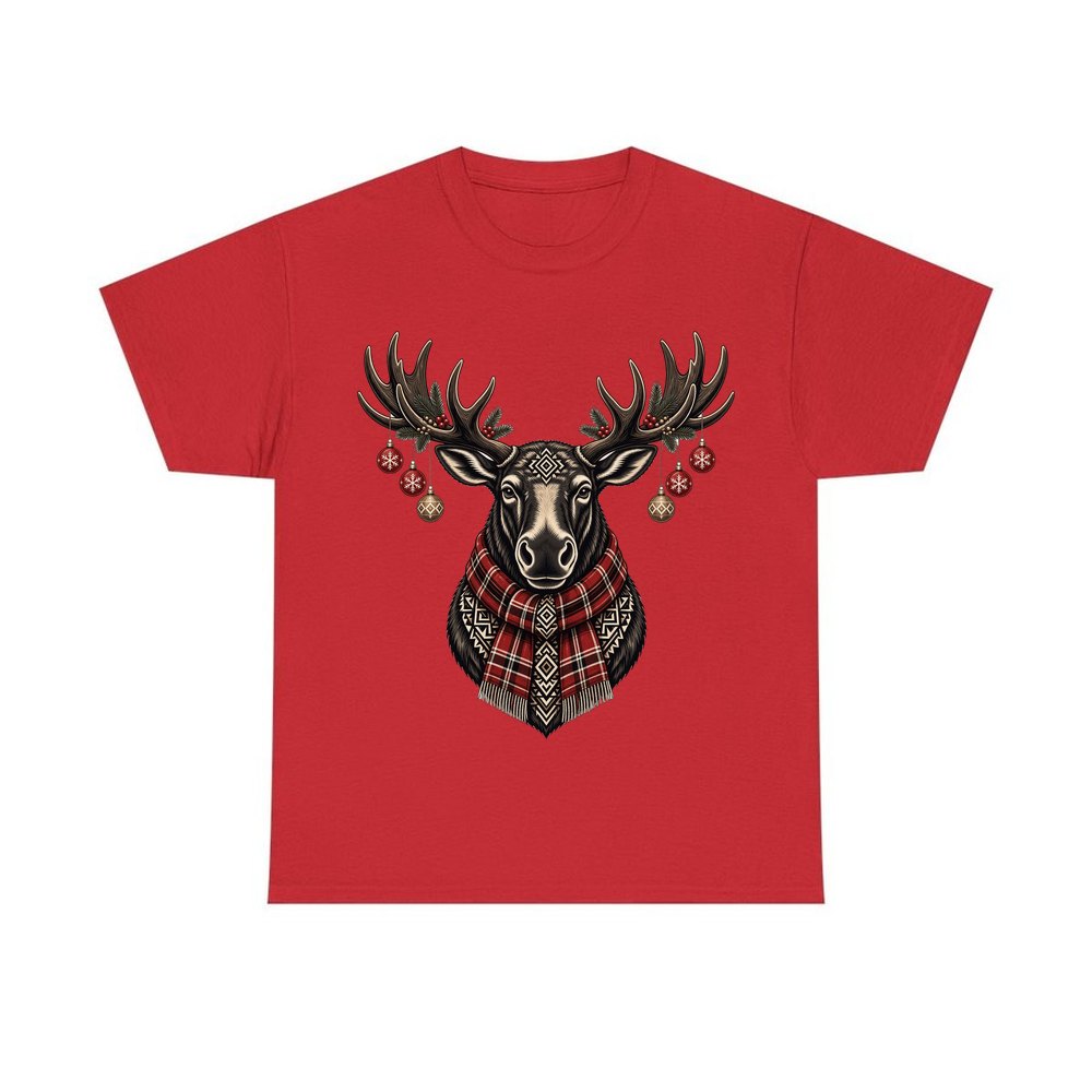 Moose In Tartan Scarf personalised Christmas T-shirt in red