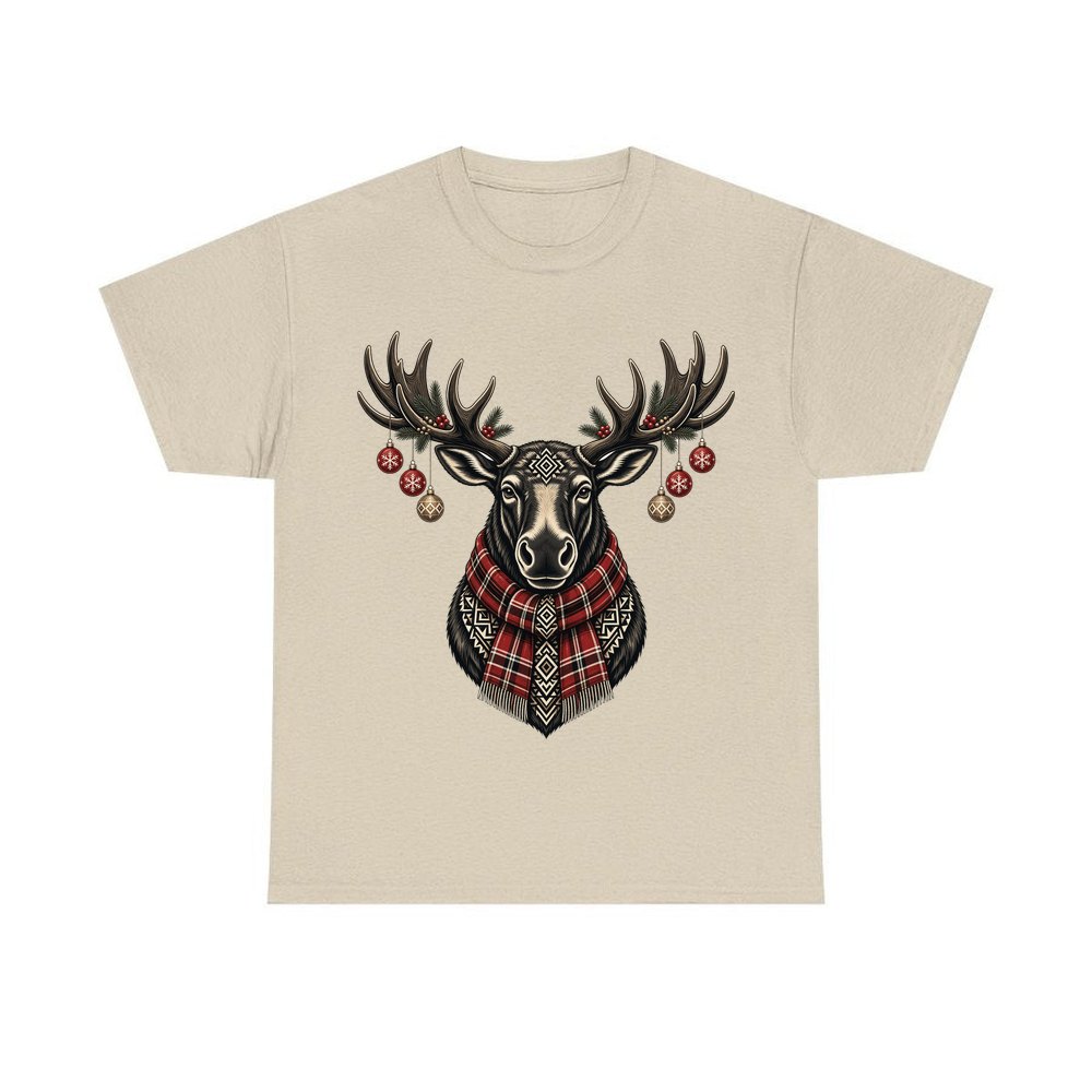 Moose In Tartan Scarf personalised Christmas T-shirt in sand