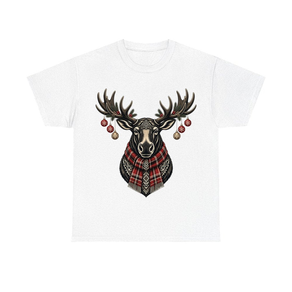 Moose In Tartan Scarf personalised Christmas T-shirt in white