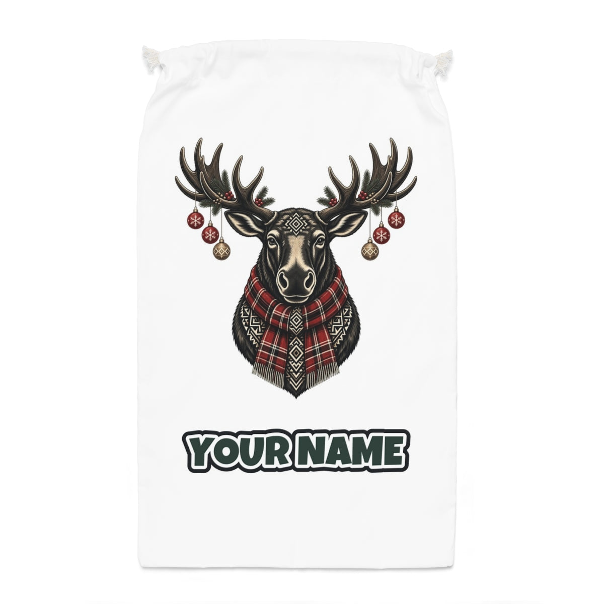 Moose In Tartan Scarf Santa sack laid flat, showing the full print
