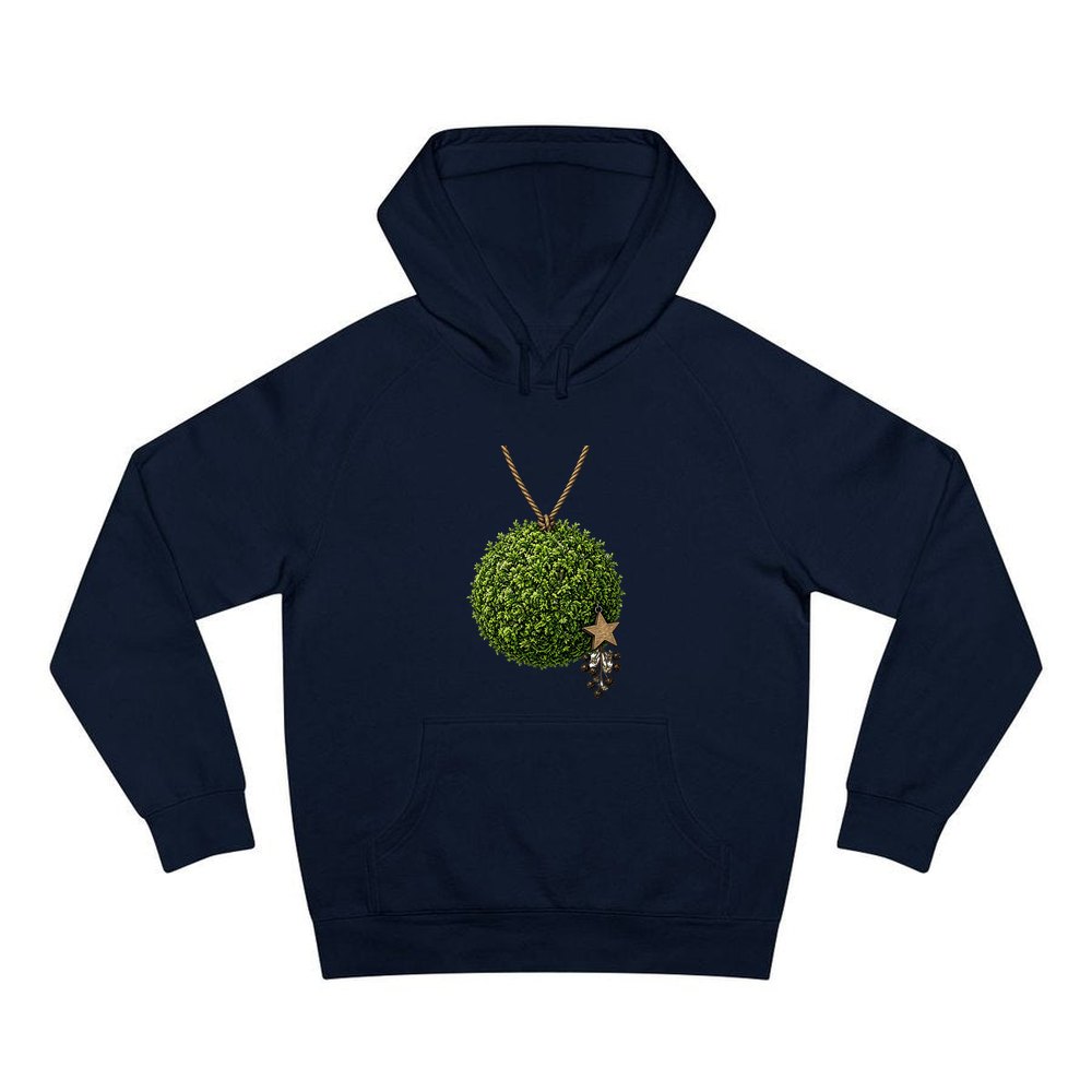 Moss Ball With Wooden Star personalised Christmas hoodie in navy