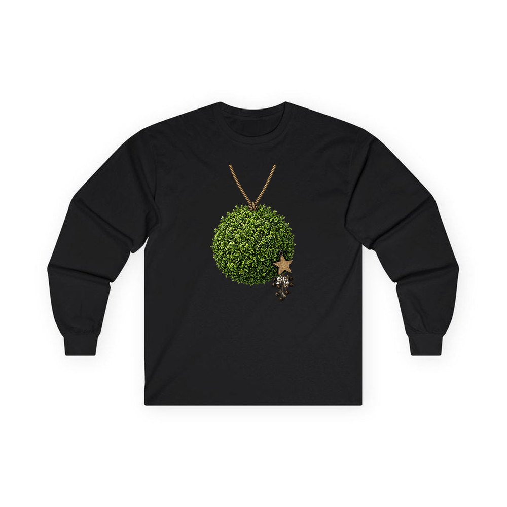 Moss Ball With Wooden Star personalised long sleeve Christmas T-shirt in black