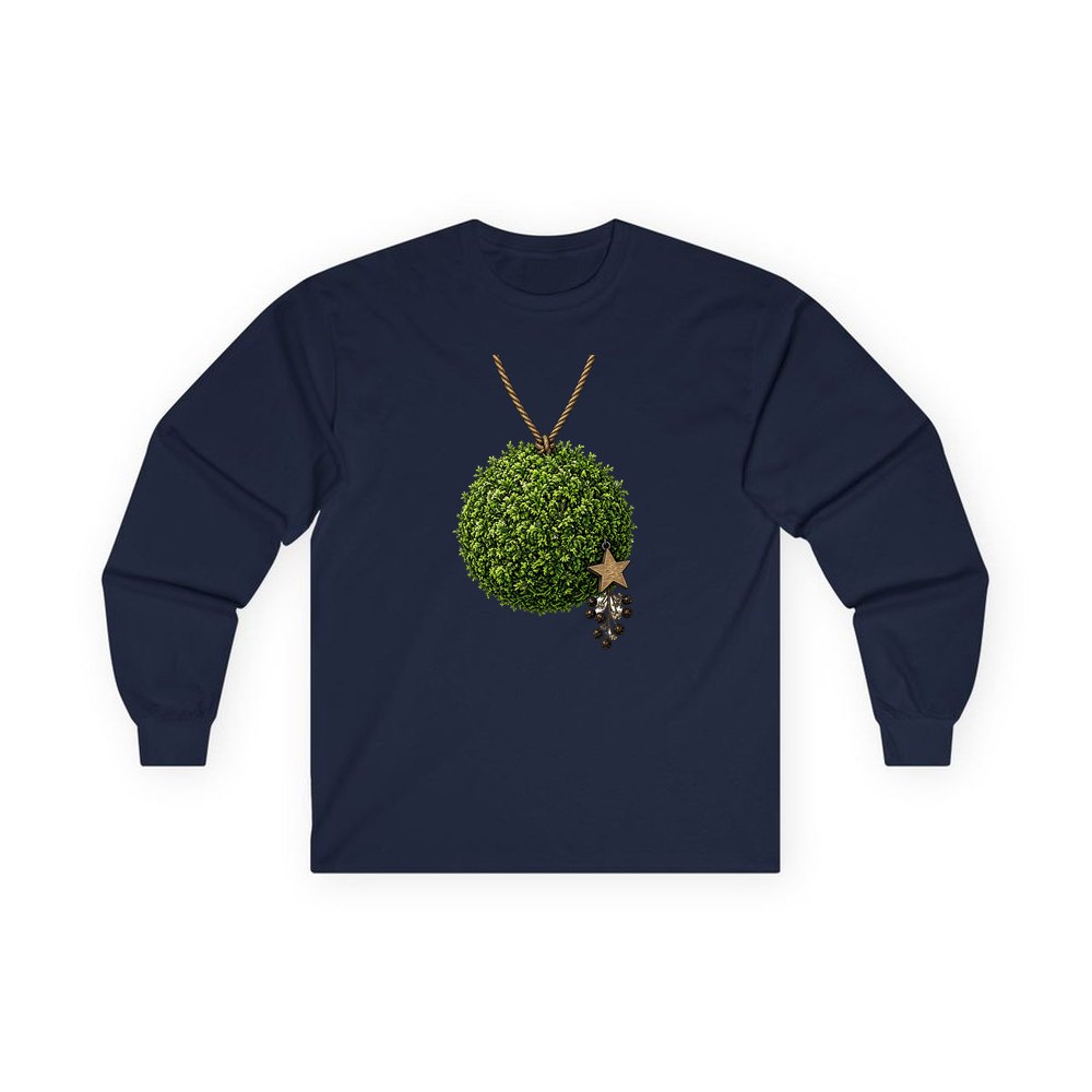 Moss Ball With Wooden Star personalised long sleeve Christmas T-shirt in navy