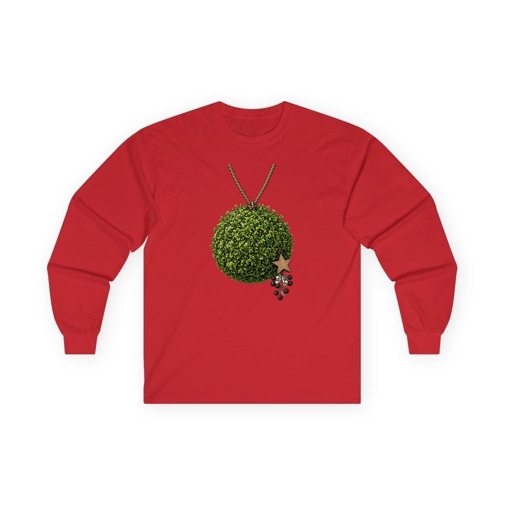 Moss Ball With Wooden Star personalised long sleeve Christmas T-shirt in red