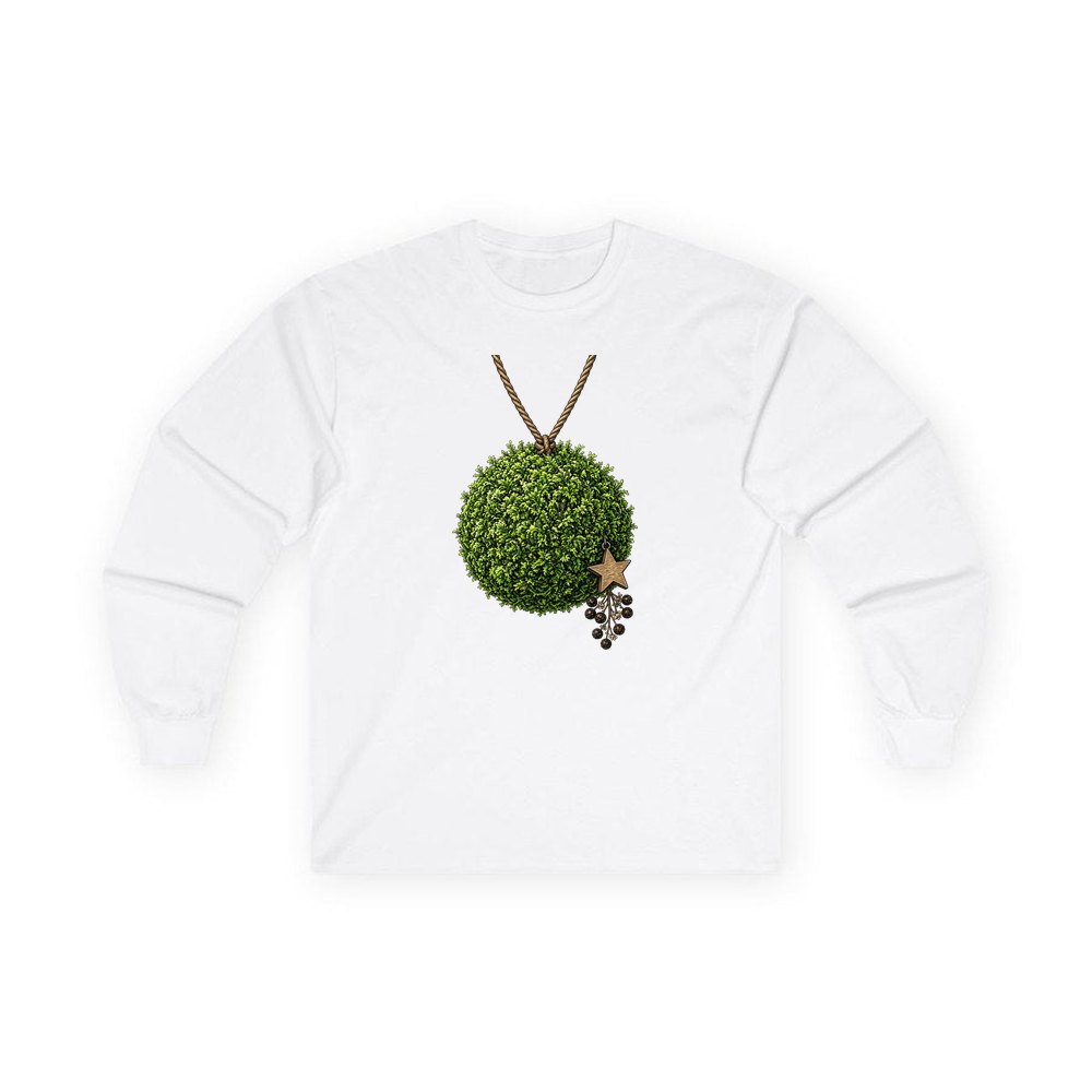 Moss Ball With Wooden Star personalised long sleeve Christmas T-shirt in white