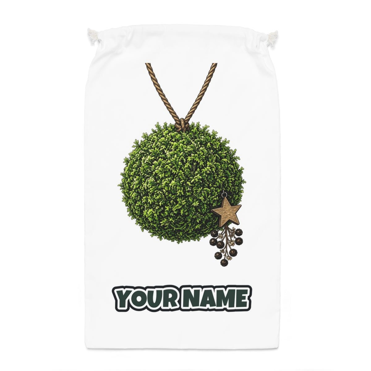 Moss Ball With Wooden Star Santa sack laid flat, showing the full print