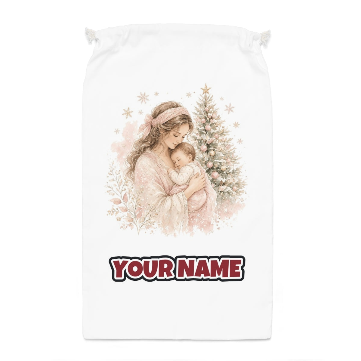 Mother and Baby Christmas Santa sack laid flat, showing the full print