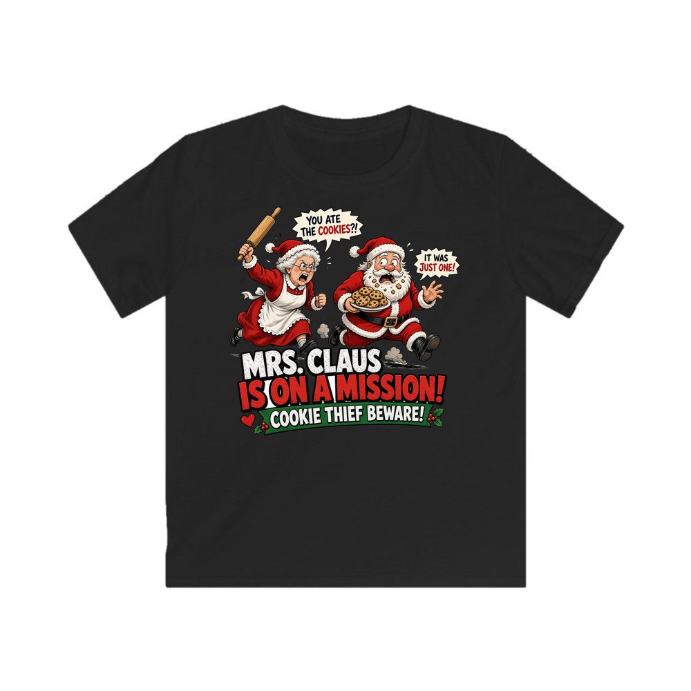 Mrs Claus Is On A Mission personalised kids Christmas tee in black