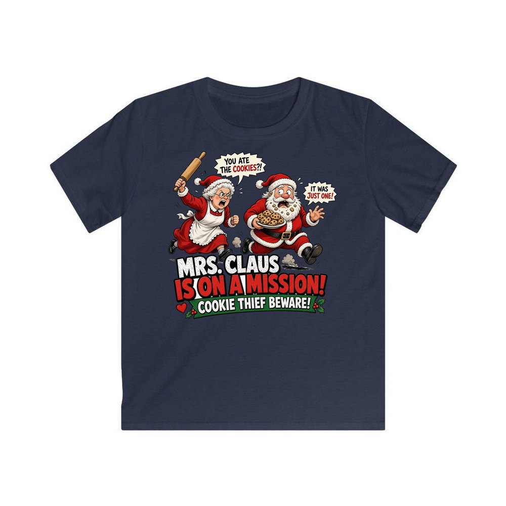 Mrs Claus Is On A Mission personalised kids Christmas tee in navy