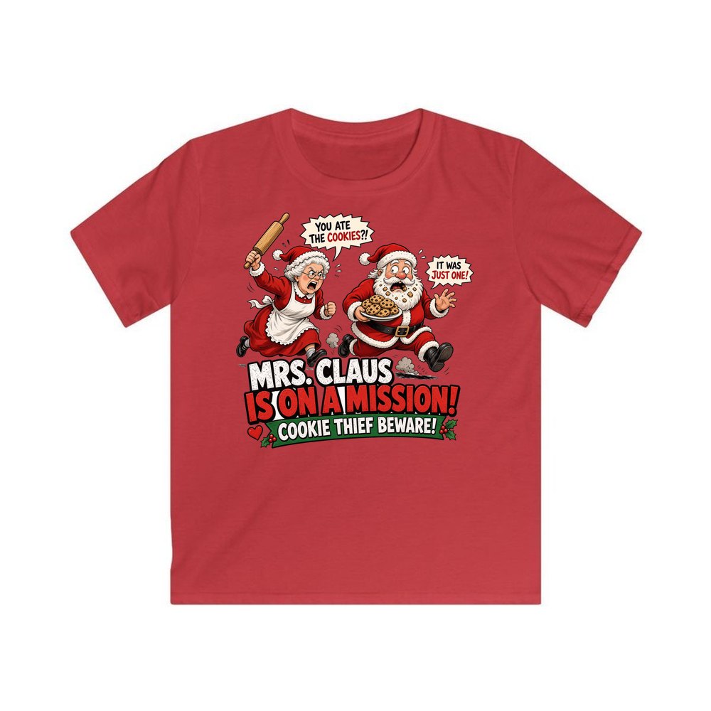 Mrs Claus Is On A Mission personalised kids Christmas tee in red