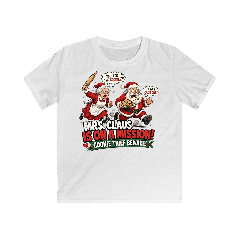 Mrs Claus Is On A Mission personalised kids Christmas tee in white