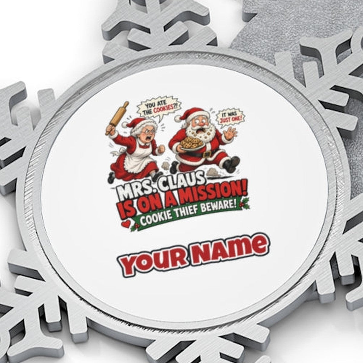Mrs Claus Is On A Mission Personalised Pewter Christmas Ornament