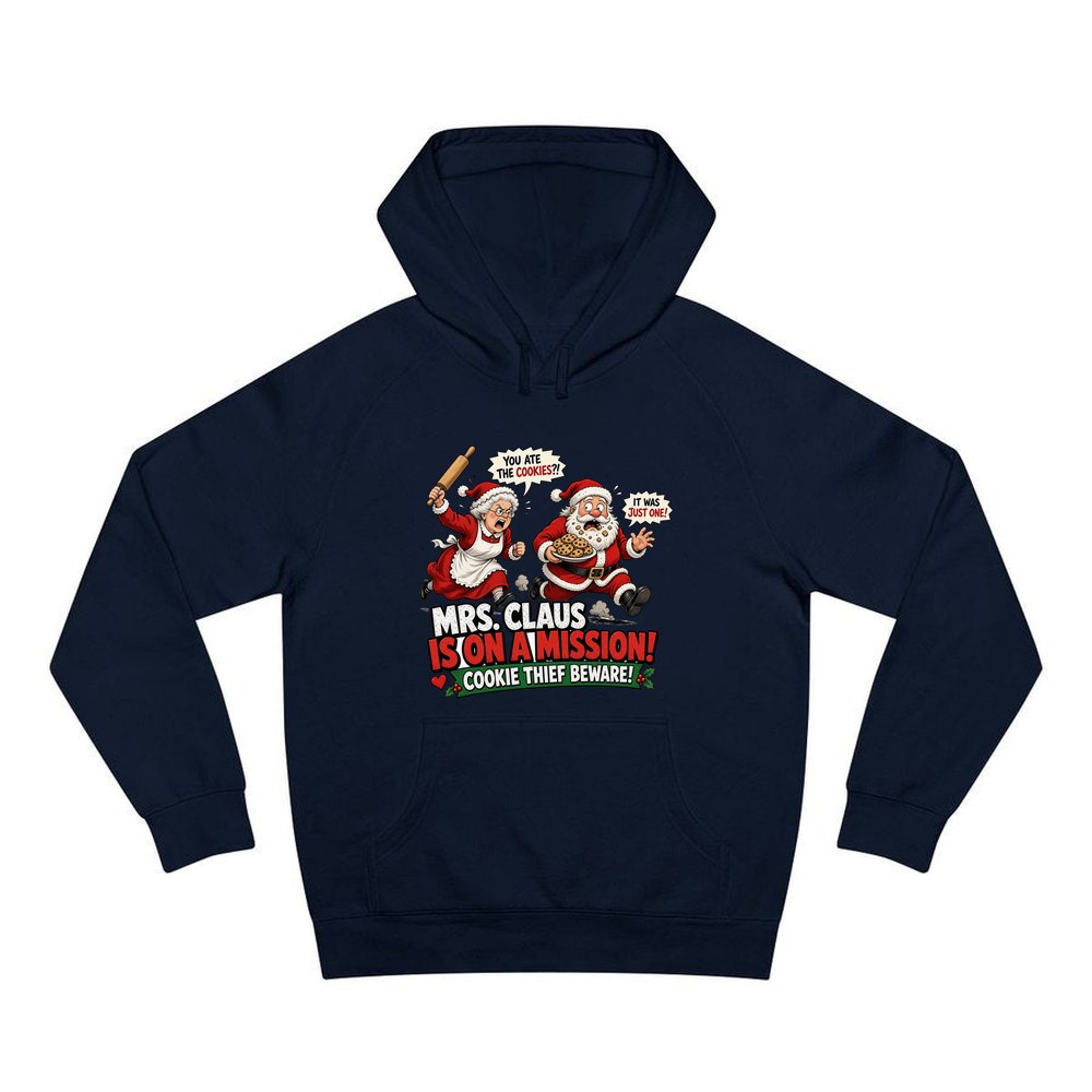 Mrs Claus Is On A Mission personalised Christmas hoodie in navy