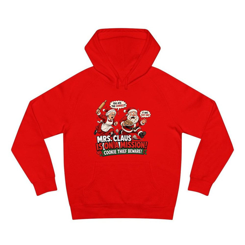 Mrs Claus Is On A Mission personalised Christmas hoodie in red