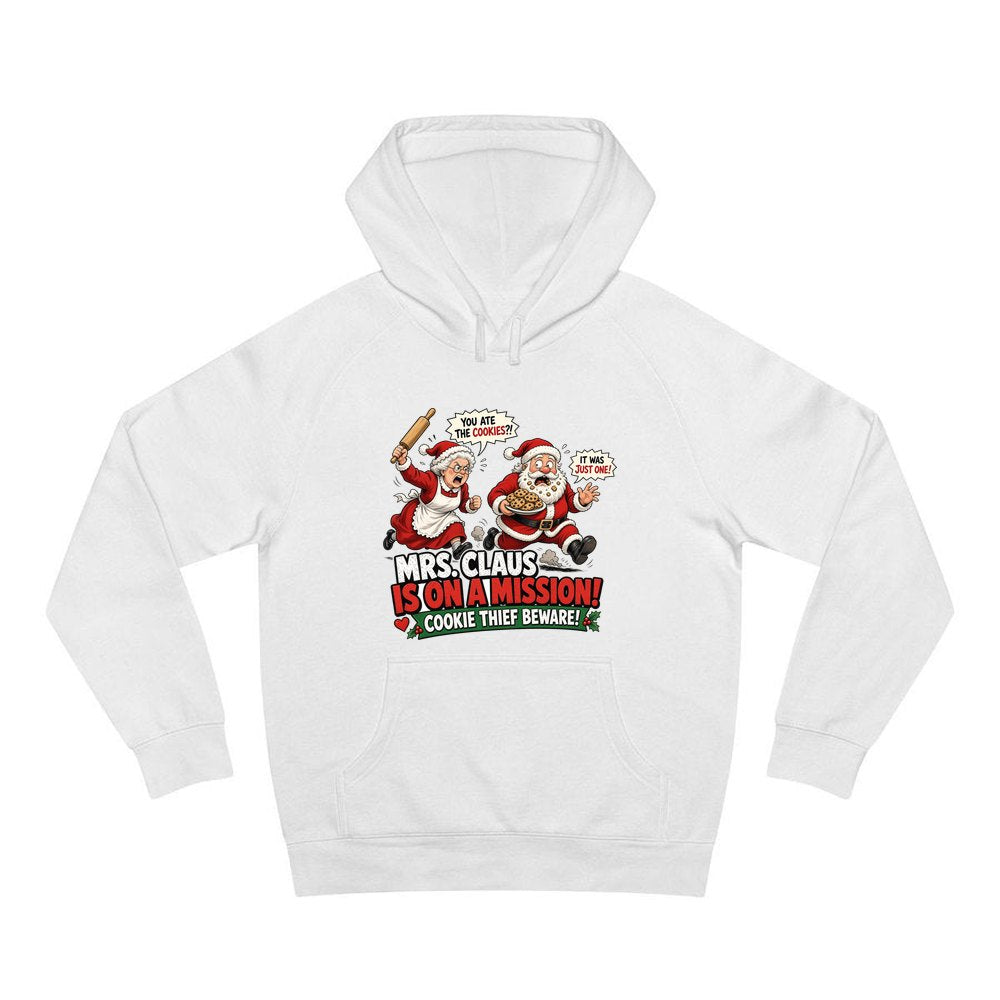 Mrs Claus Is On A Mission personalised Christmas hoodie in white