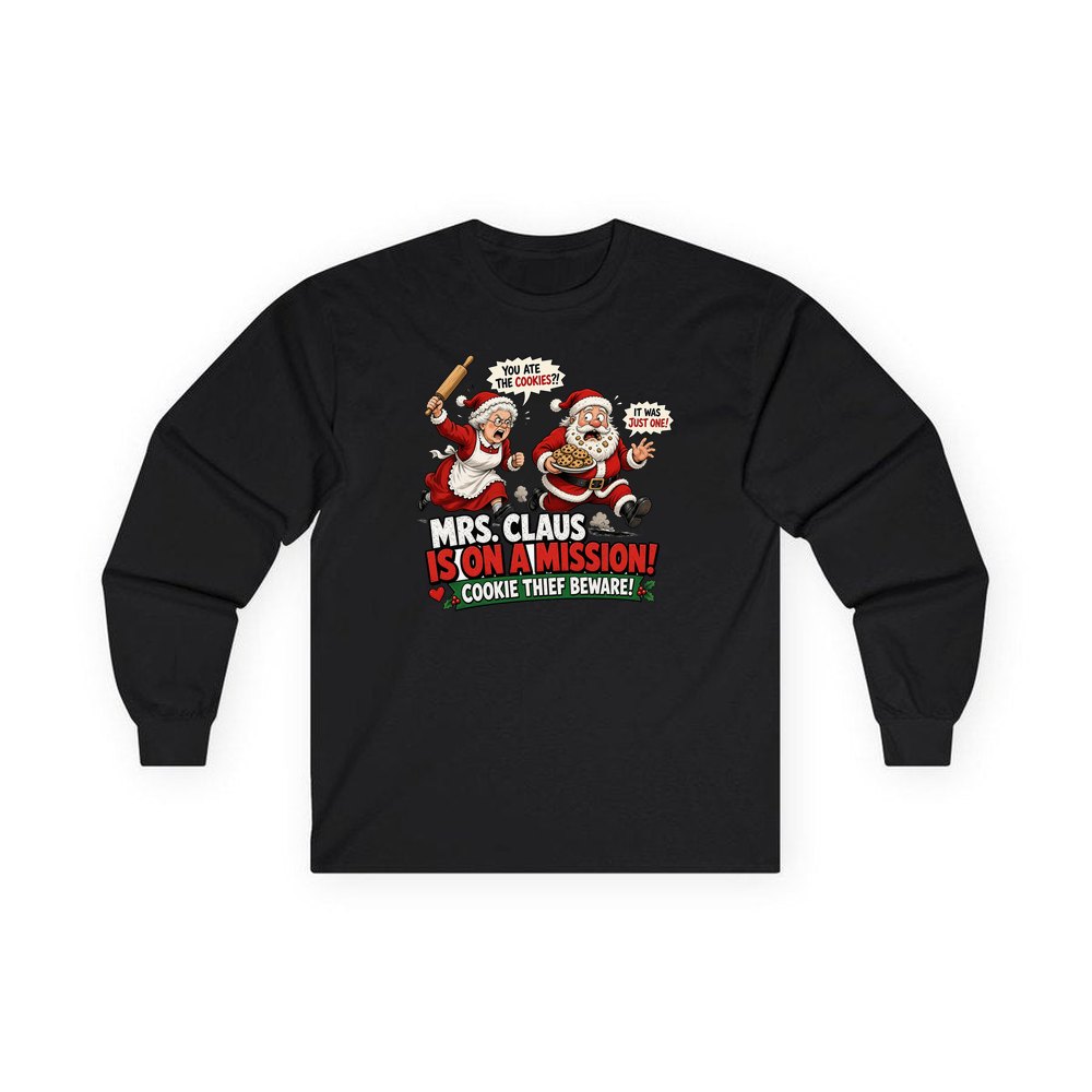 Mrs Claus Is On A Mission personalised long sleeve Christmas T-shirt in black
