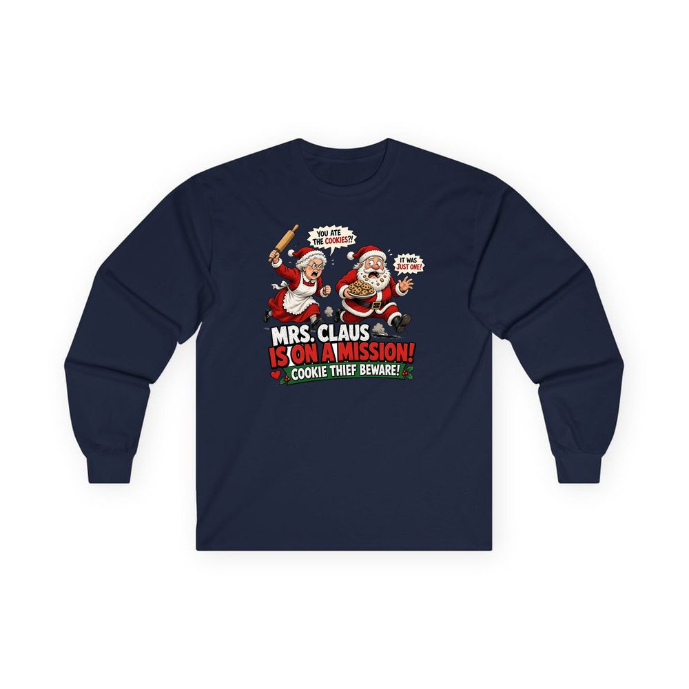 Mrs Claus Is On A Mission personalised long sleeve Christmas T-shirt in navy