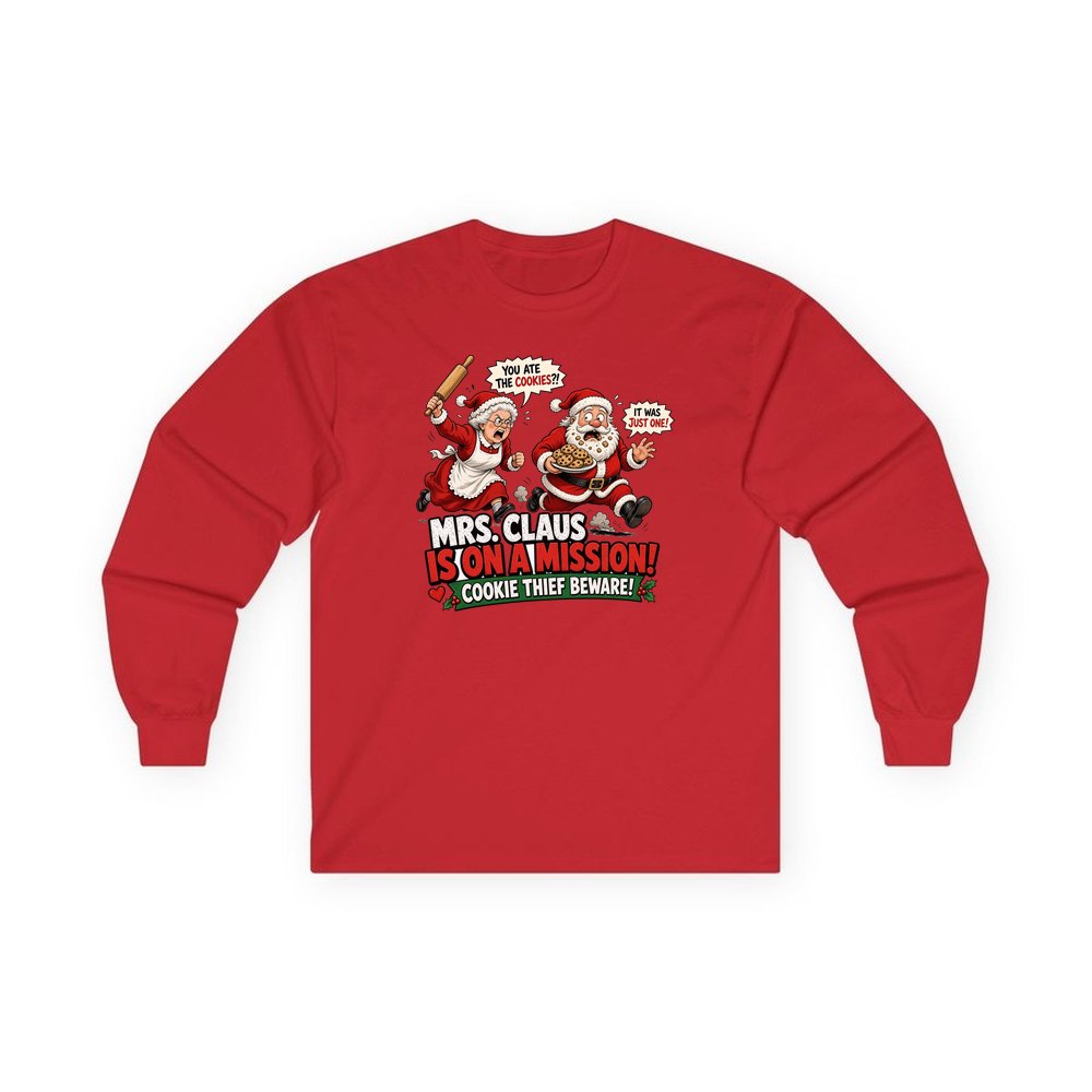 Mrs Claus Is On A Mission personalised long sleeve Christmas T-shirt in red
