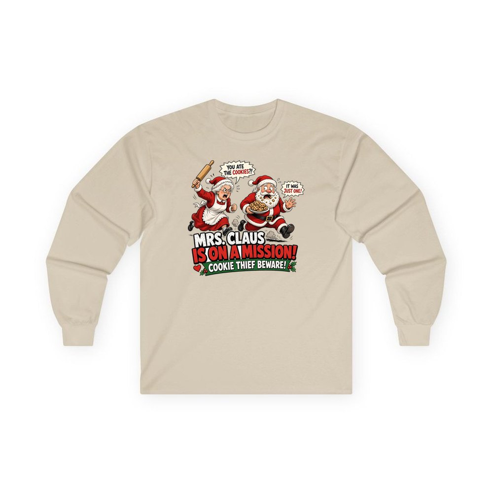 Mrs Claus Is On A Mission personalised long sleeve Christmas T-shirt in sand