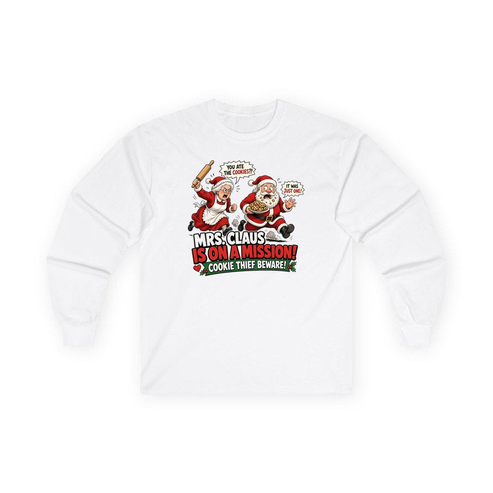 Mrs Claus Is On A Mission personalised long sleeve Christmas T-shirt in white