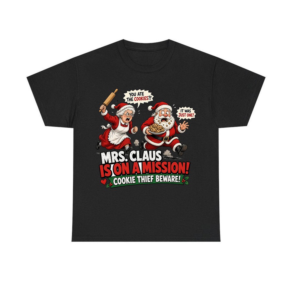 Mrs Claus Is On A Mission personalised Christmas T-shirt in black