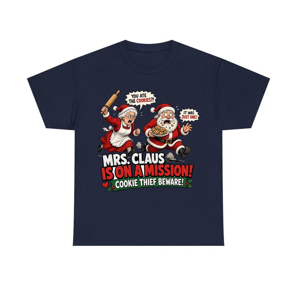 Mrs Claus Is On A Mission personalised Christmas T-shirt in navy