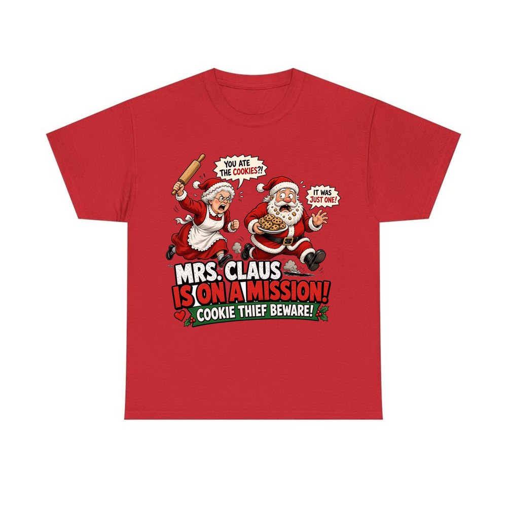 Mrs Claus Is On A Mission personalised Christmas T-shirt in red