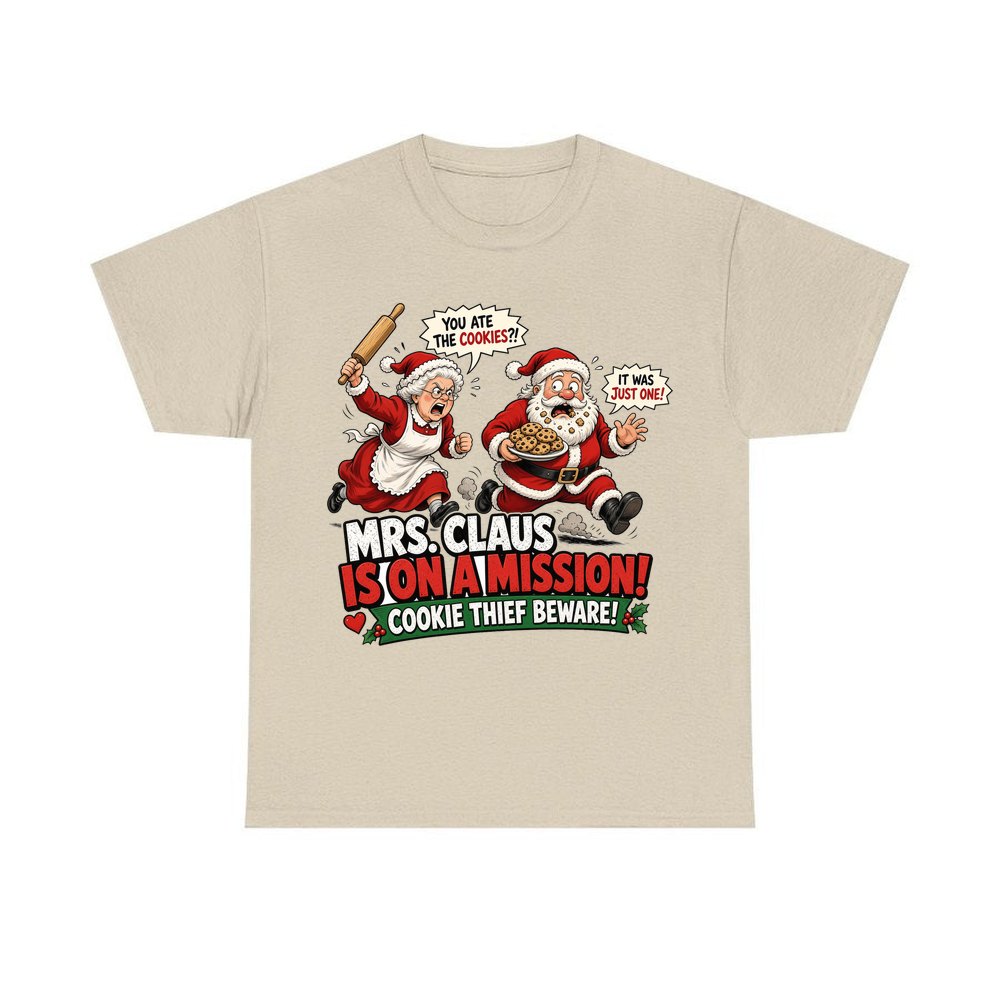 Mrs Claus Is On A Mission personalised Christmas T-shirt in sand