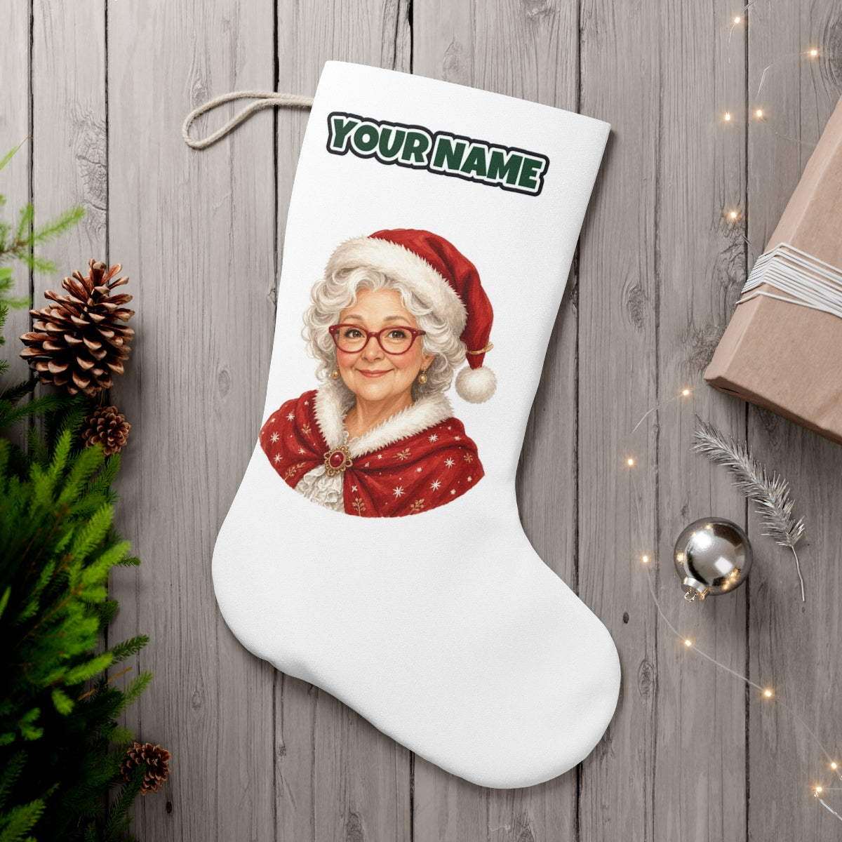 Mrs Claus Portrait personalised Christmas stocking, white, with the name across the top