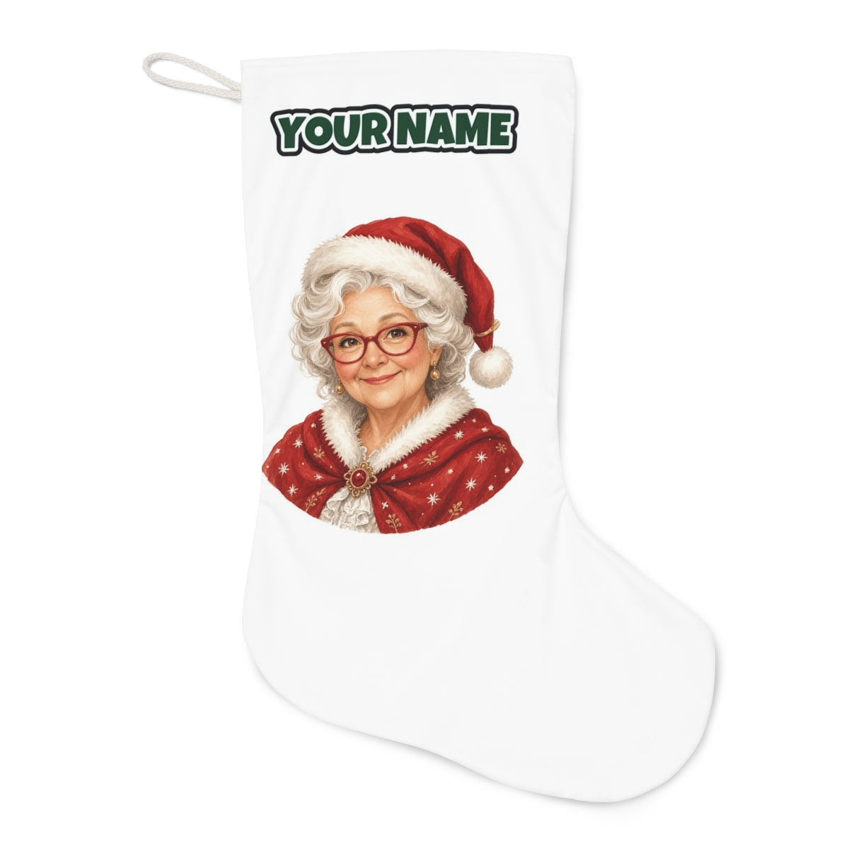 Mrs Claus Portrait Christmas stocking laid flat, showing the full print