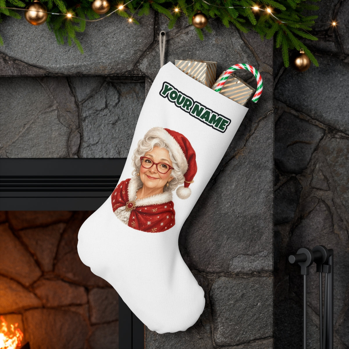 Mrs Claus Portrait personalised Christmas stocking hanging on a mantel