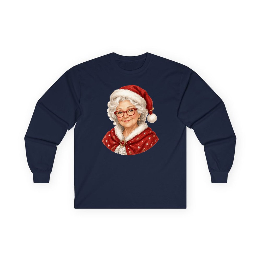 Mrs Claus Portrait personalised long sleeve Christmas T-shirt in navy