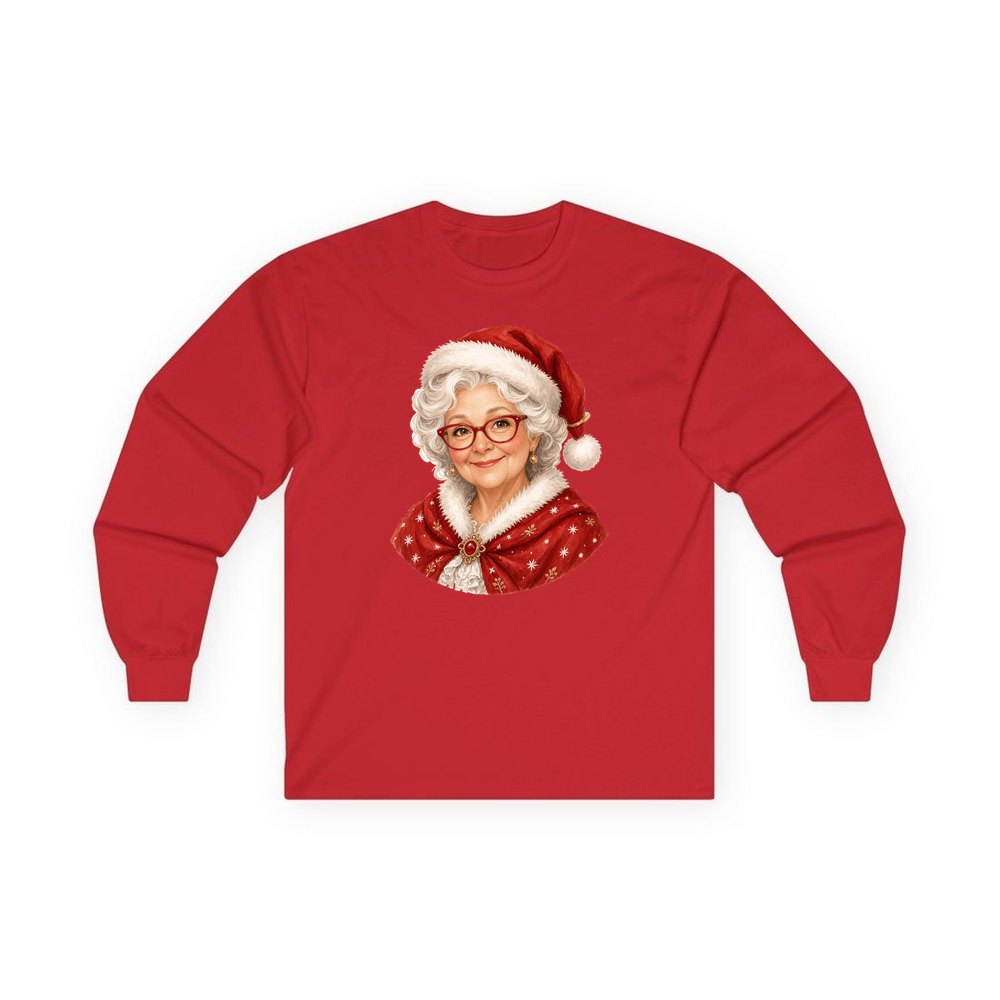 Mrs Claus Portrait personalised long sleeve Christmas T-shirt in red