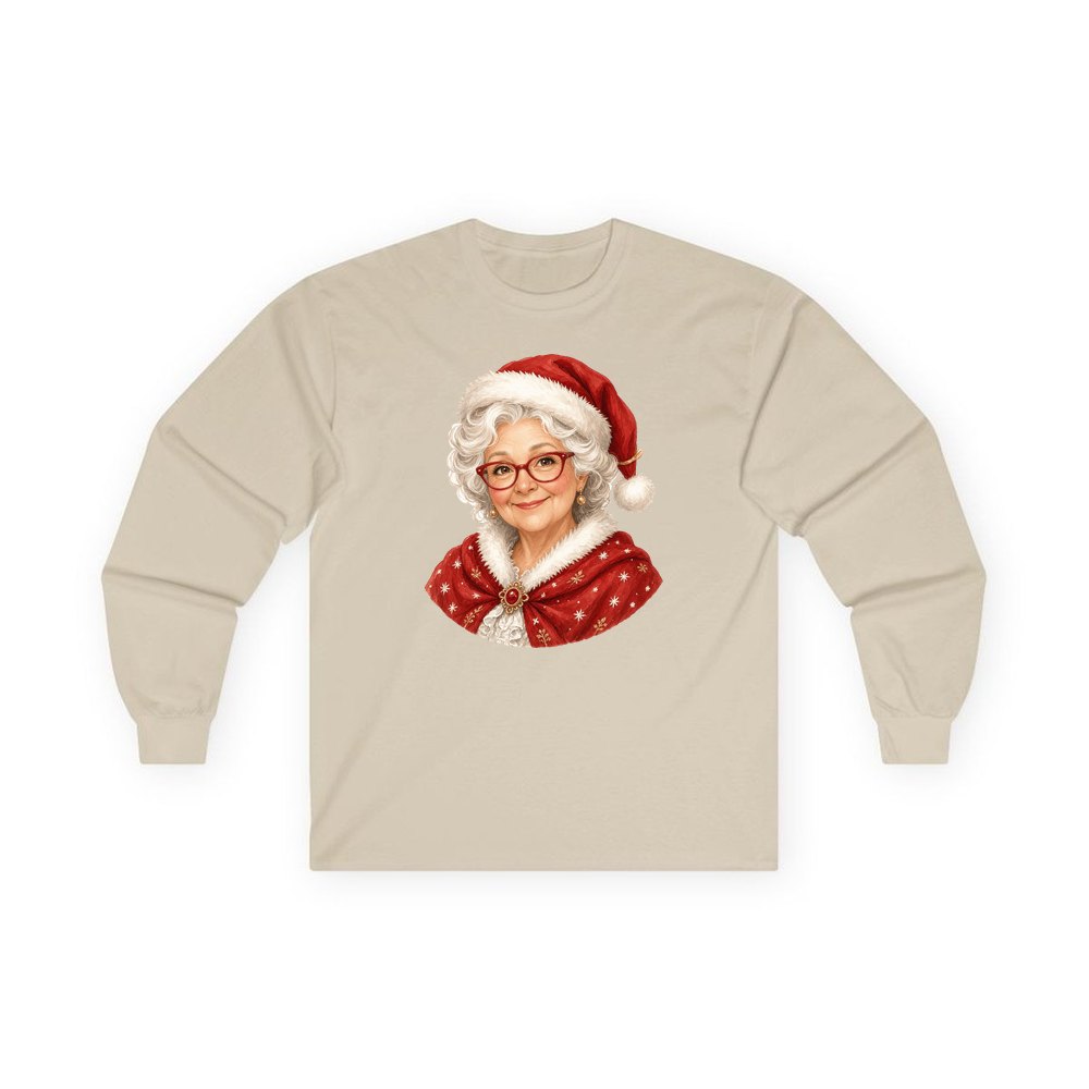 Mrs Claus Portrait personalised long sleeve Christmas T-shirt in sand