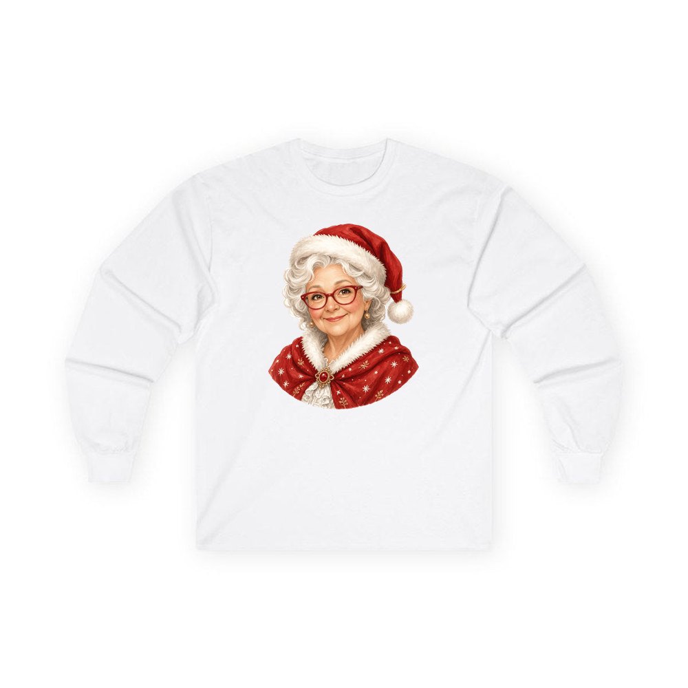 Mrs Claus Portrait personalised long sleeve Christmas T-shirt in white