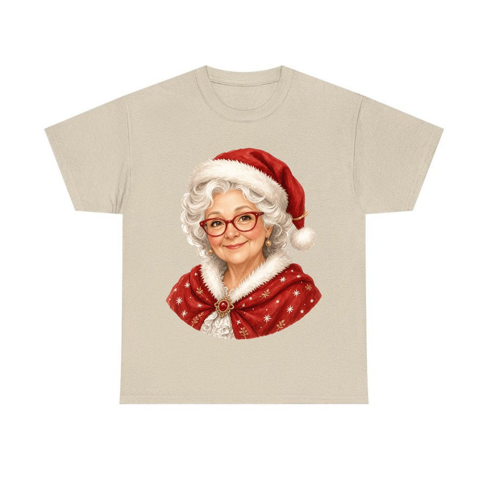 Mrs Claus Portrait personalised Christmas T-shirt in sand