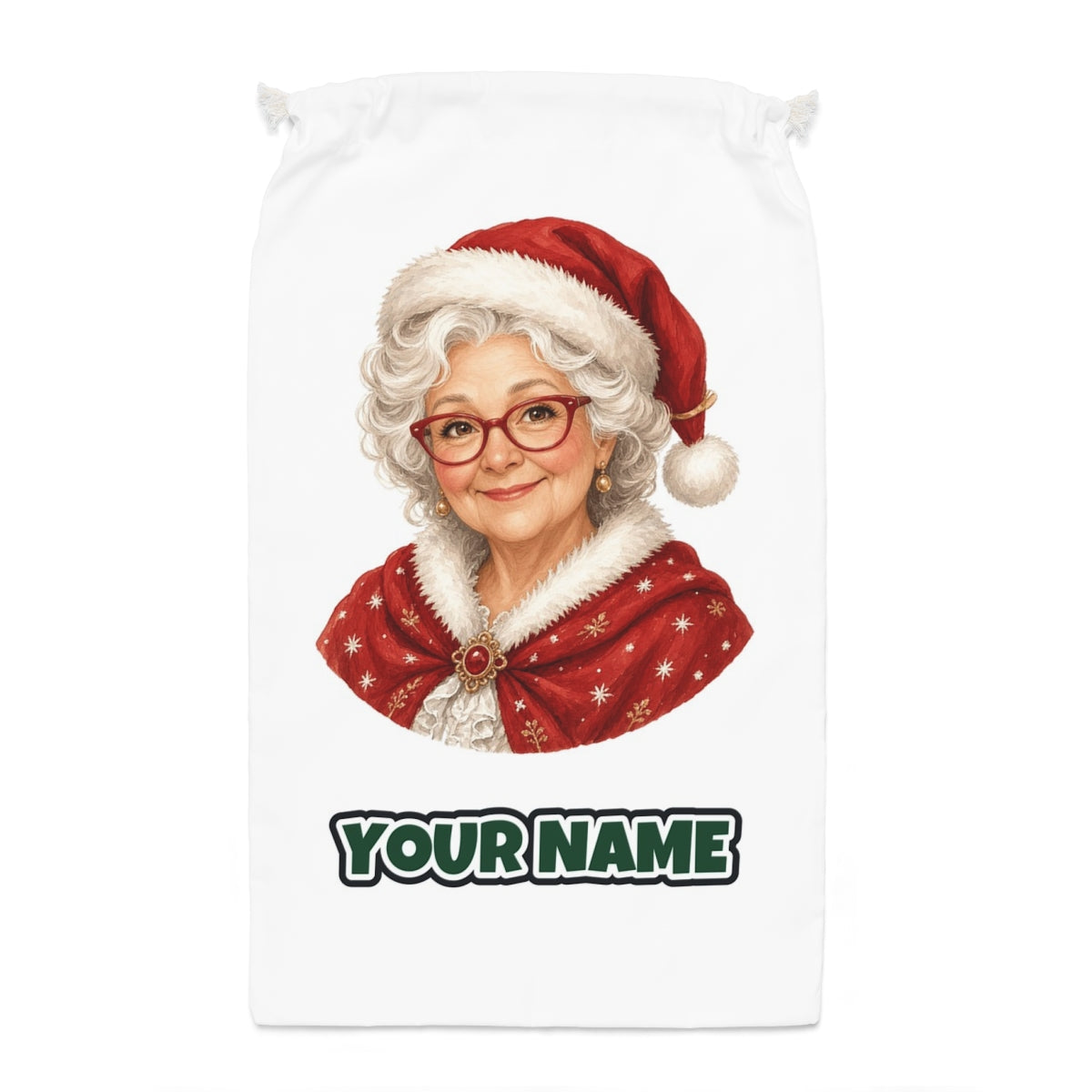 Mrs Claus Portrait Santa sack laid flat, showing the full print