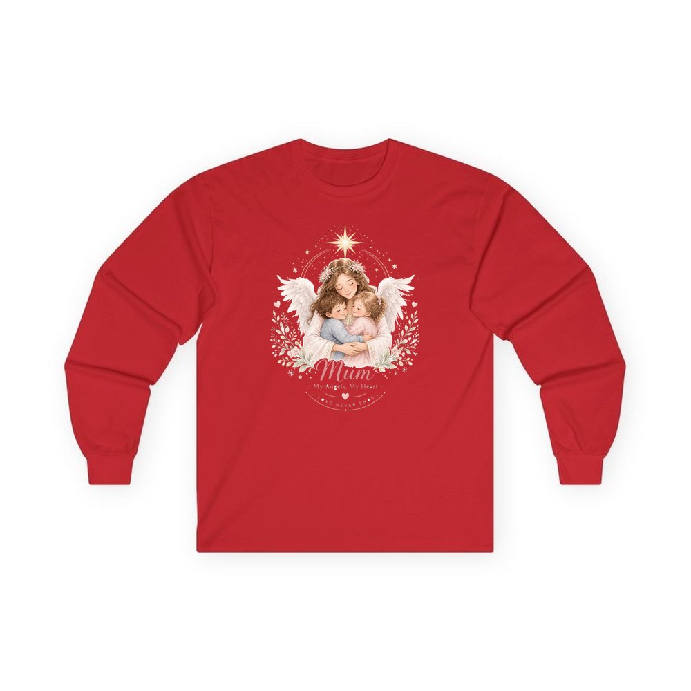 Mum And Her Angels personalised long sleeve Christmas T-shirt in red