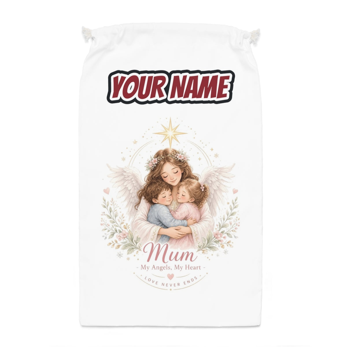 Mum And Her Angels Santa sack laid flat, showing the full print