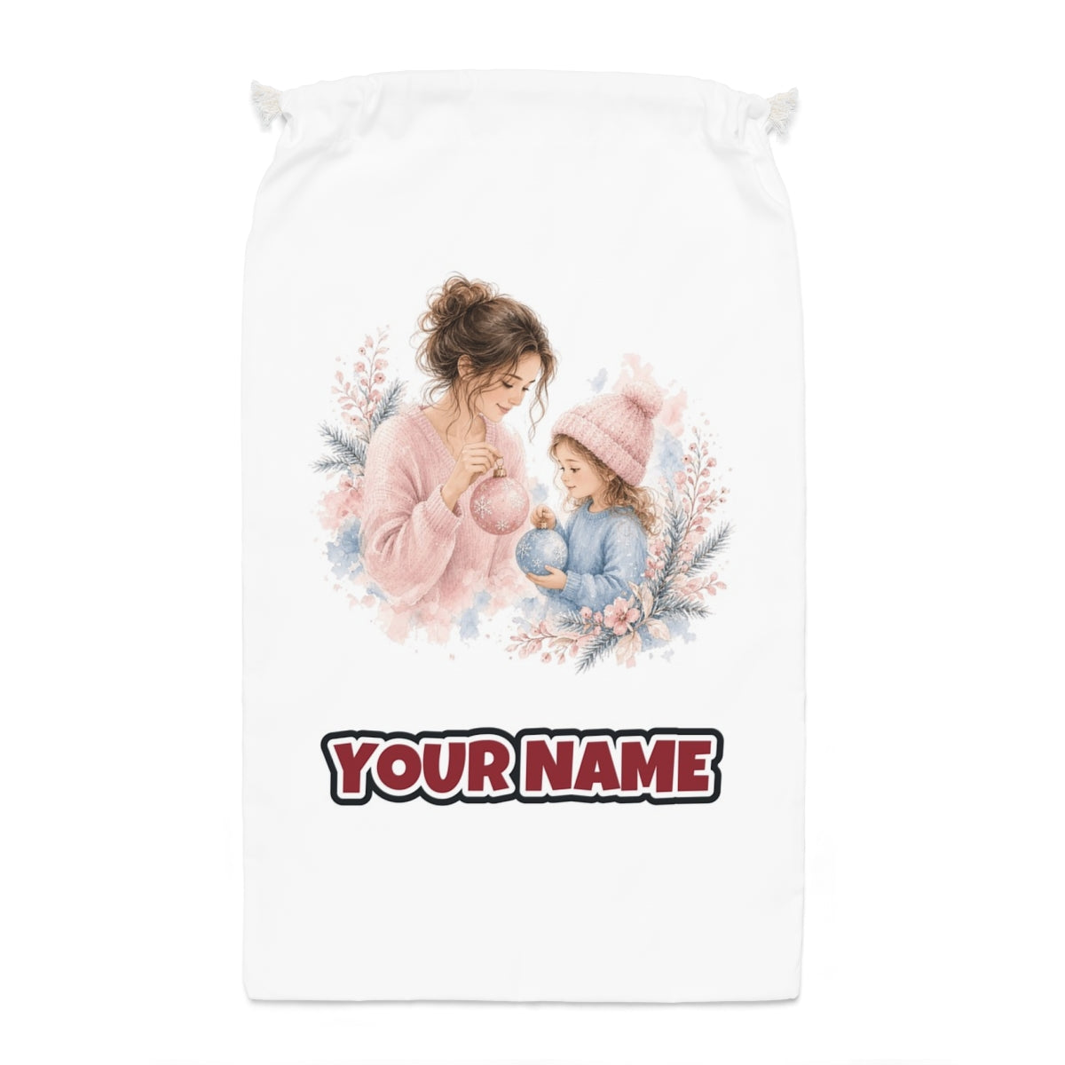 Mum and Me Baubles Santa sack laid flat, showing the full print
