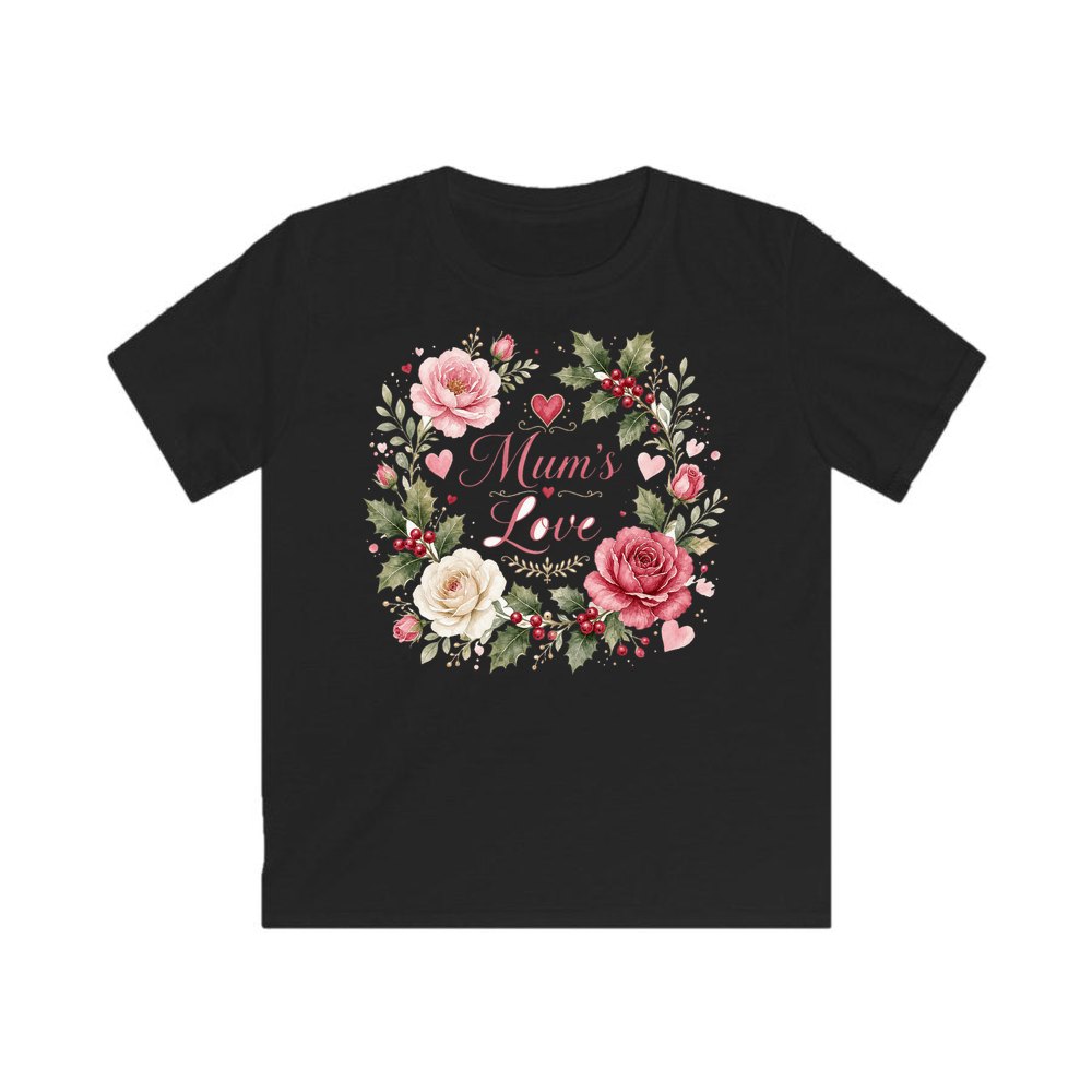 Mum's Love Floral Wreath personalised kids Christmas tee in black