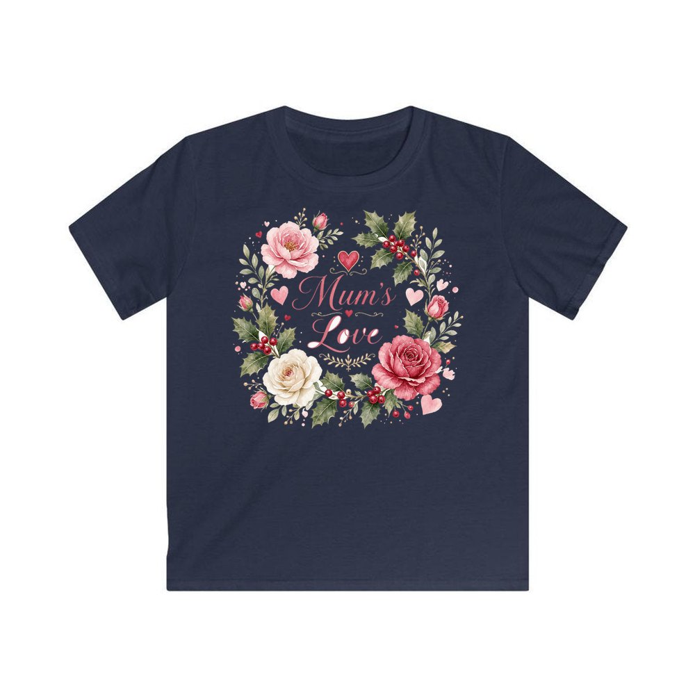 Mum's Love Floral Wreath personalised kids Christmas tee in navy