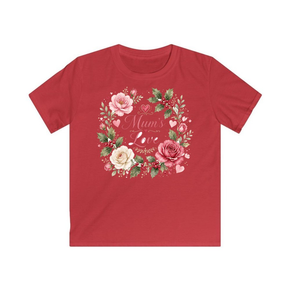 Mum's Love Floral Wreath personalised kids Christmas tee in red