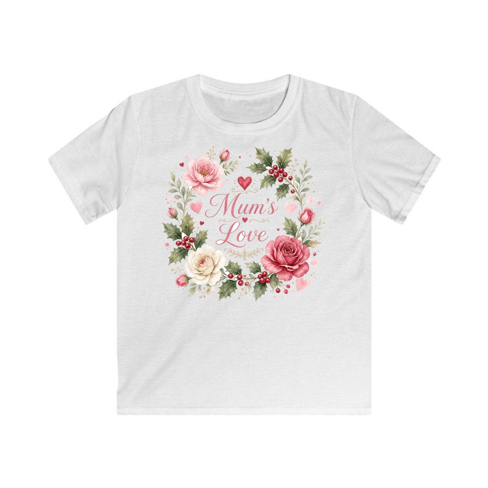 Mum's Love Floral Wreath personalised kids Christmas tee in white