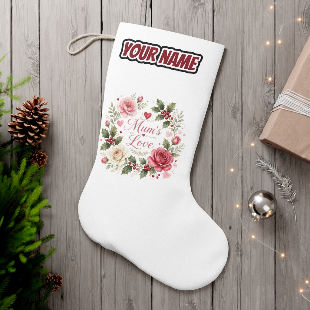 Mum's Love Floral Wreath personalised Christmas stocking, white, with the name across the top