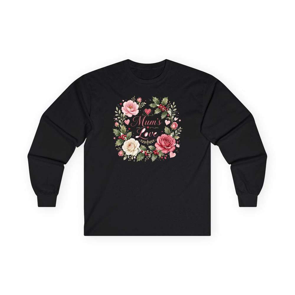 Mum's Love Floral Wreath personalised long sleeve Christmas T-shirt in black