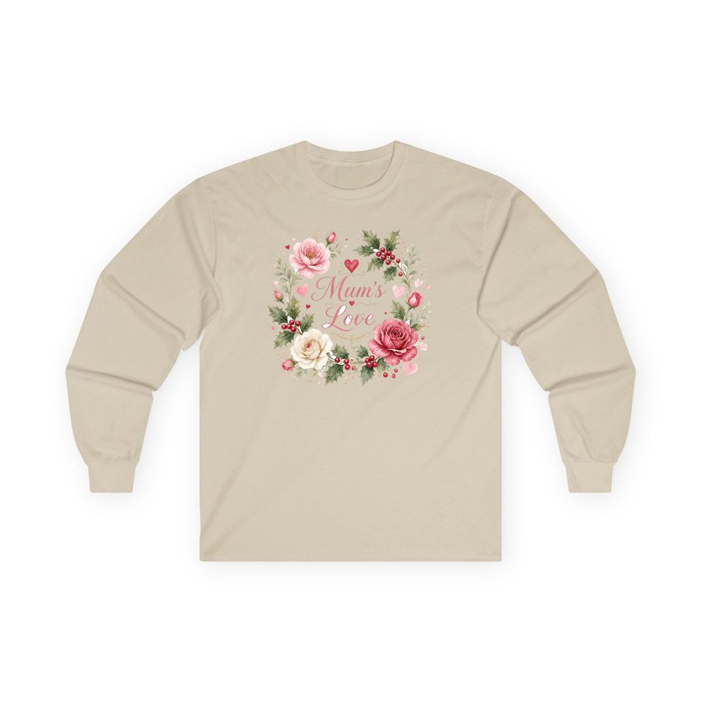 Mum's Love Floral Wreath personalised long sleeve Christmas T-shirt in sand