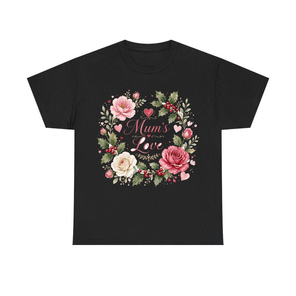 Mum's Love Floral Wreath personalised Christmas T-shirt in black