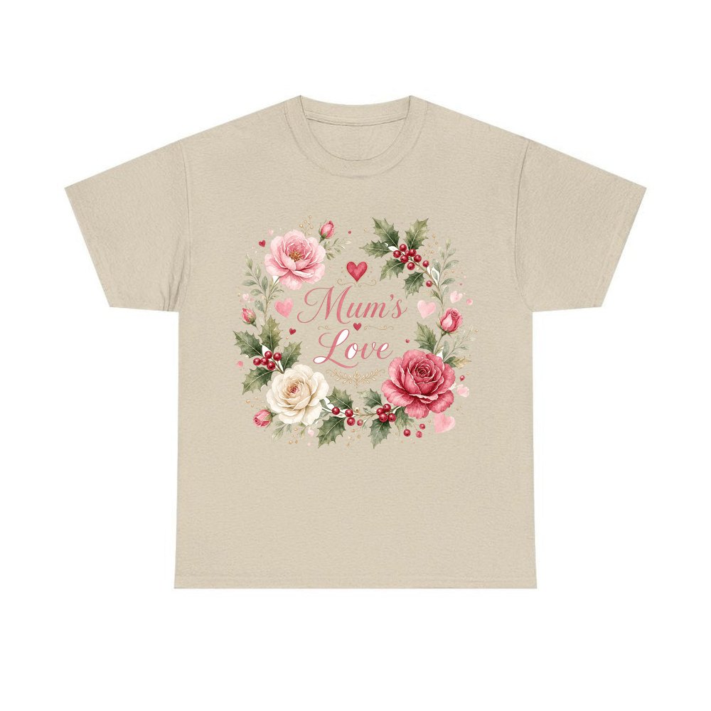 Mum's Love Floral Wreath personalised Christmas T-shirt in sand