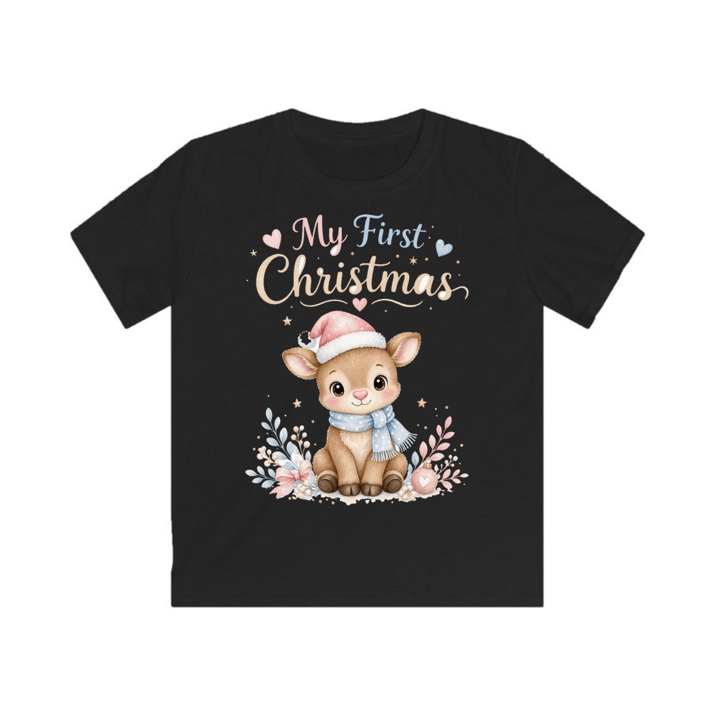 My First Christmas Fawn personalised kids Christmas tee in black